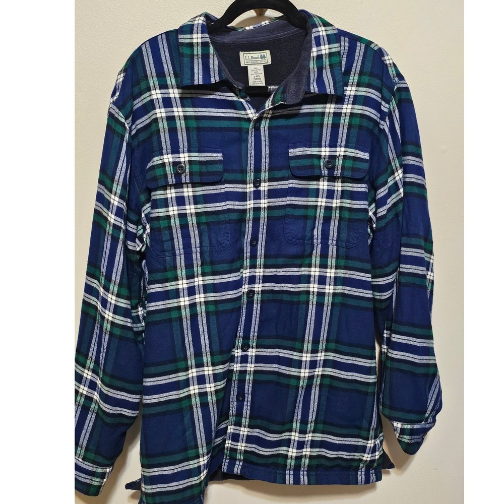 LL Bean Mens Fleece Lined Flannel Thermal Shirt Blue Green Plaid L-REG 250393